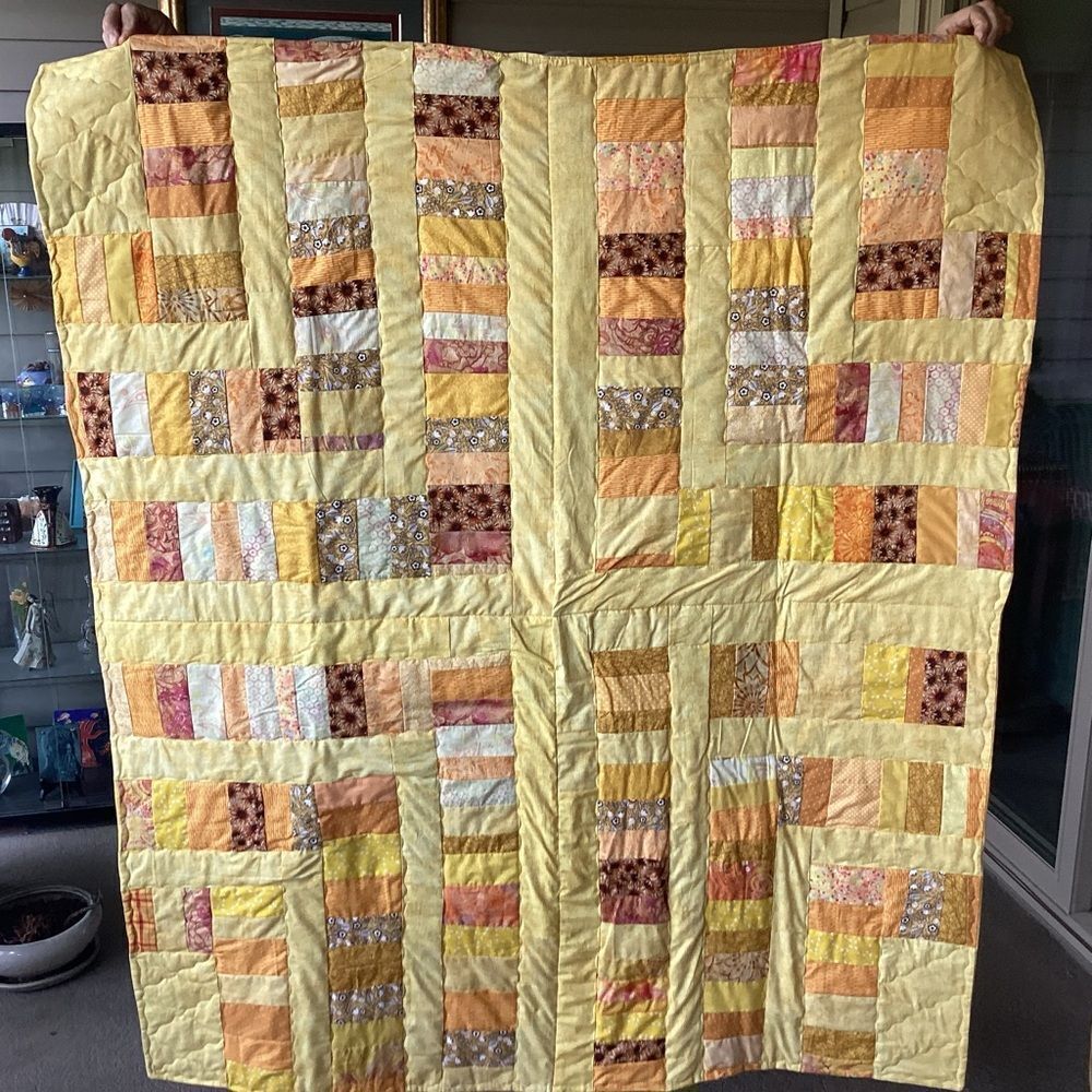 NWT. Hand Crafted Patchwork Yellow and Brown Quilt